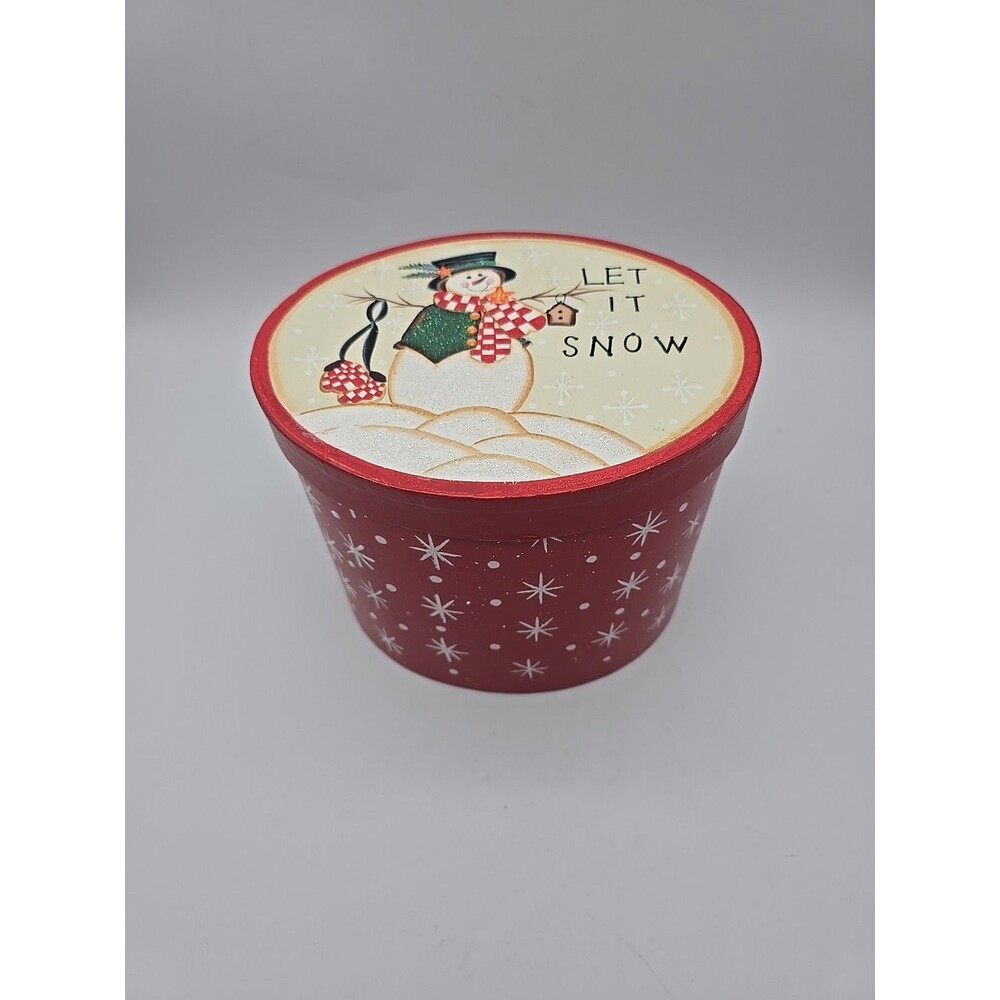 Snowman Let It Snow Oval Hand Painted Carboard Storage Box Snowflakes Red